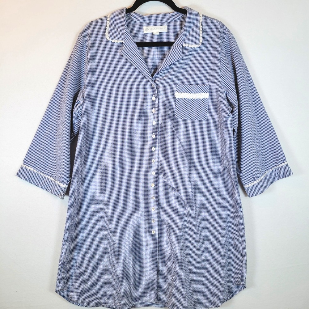 Eileen West Womens Gingham Lace Button Nightshirt Sleep Pajamas Size Large Blue